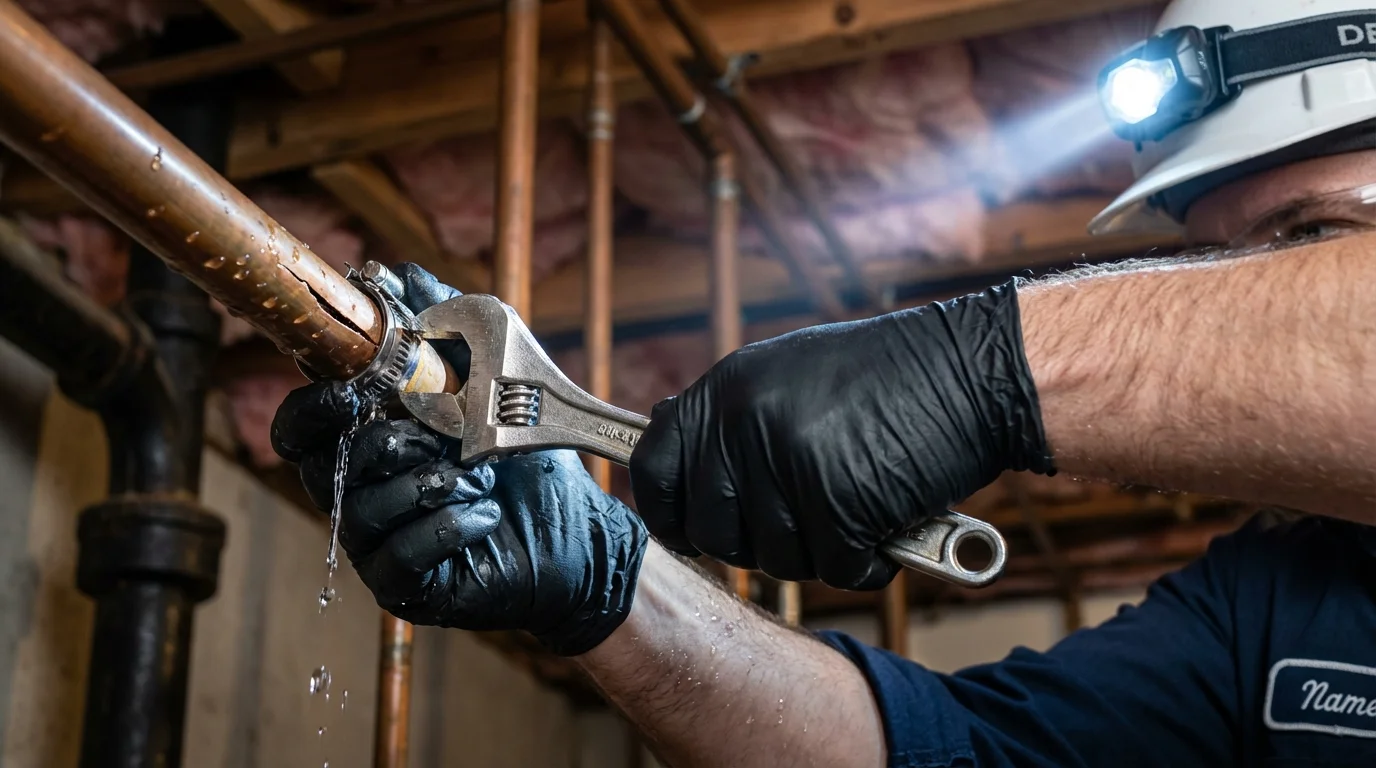Emergency pipe clamp repair being performed by a Johns Plumbing LLC plumber in Cusseta