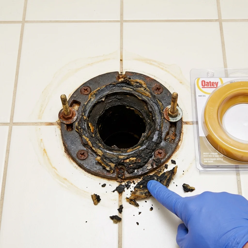 Failed wax ring showing water seepage at the base of a toilet in a Cusseta, GA home