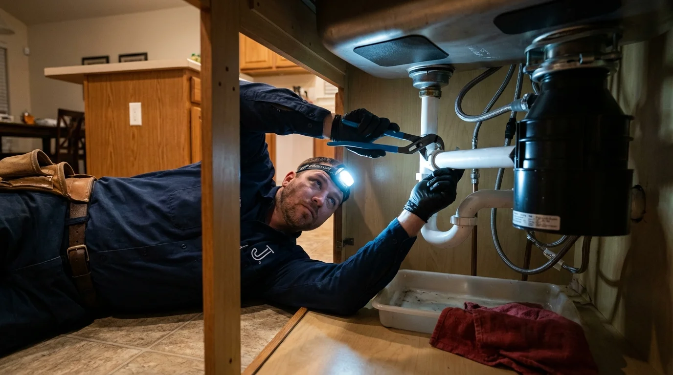 P-trap and supply line connections under a kitchen sink showing a common leak point in Cusseta, GA